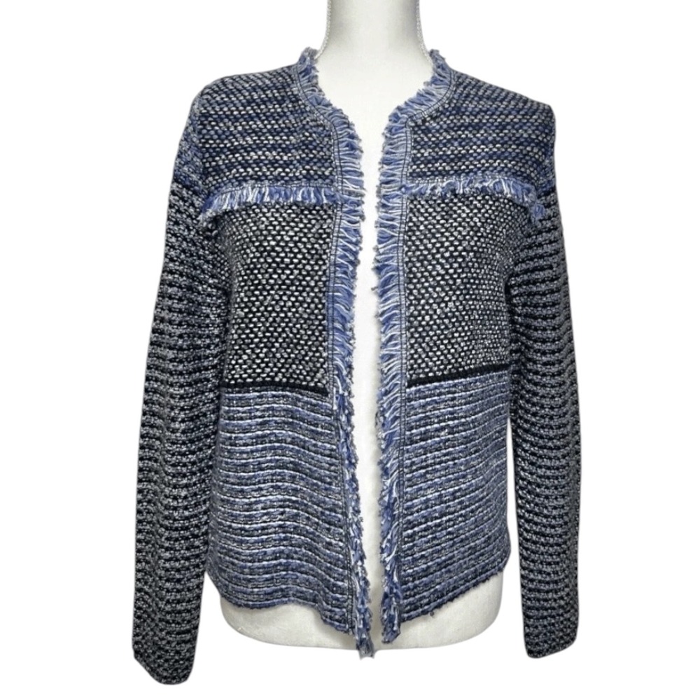 Chico's NWT Fringe Tweed Knit Cardigan Blue Black Textured Open Front Size 0